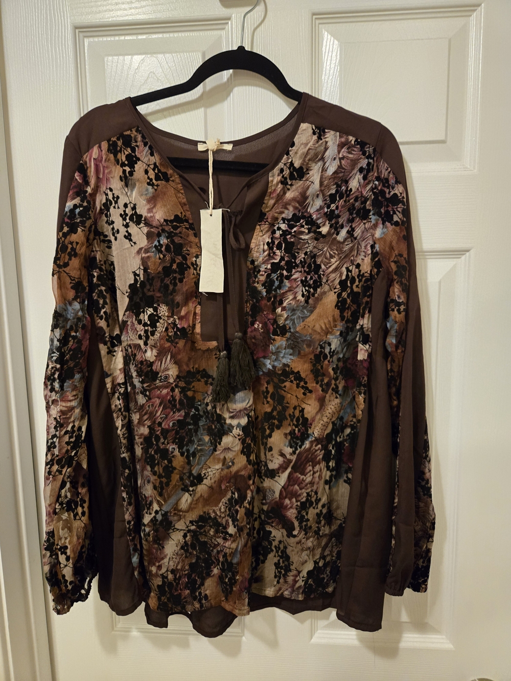 Mystree Brown Floral Tie-Neck Long Sleeve Blouse